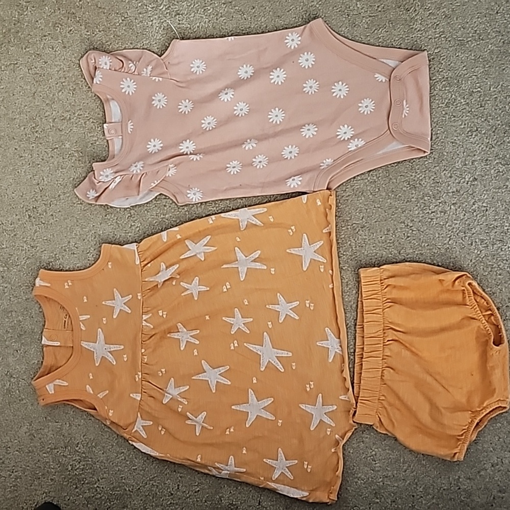 18m Matching starfish dress and panties and pink one-sie with white flowers.